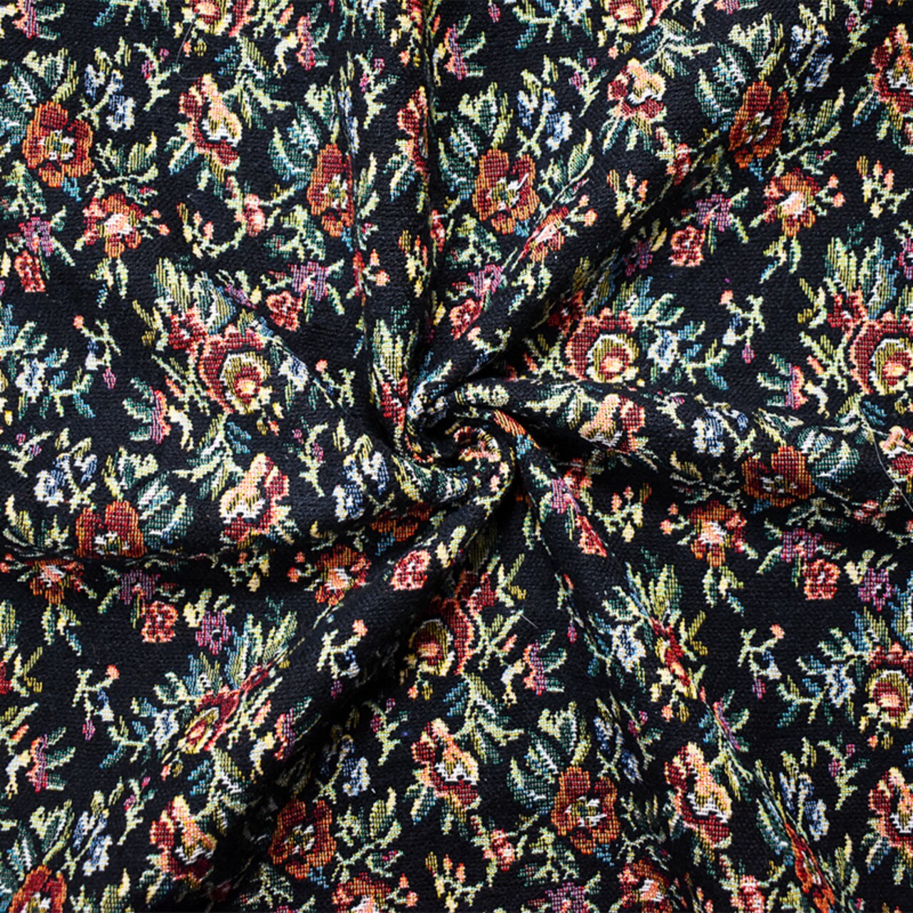 Black-Green-Multi Cotton Blend Floral Tapestry Woven Fabric By the Yard